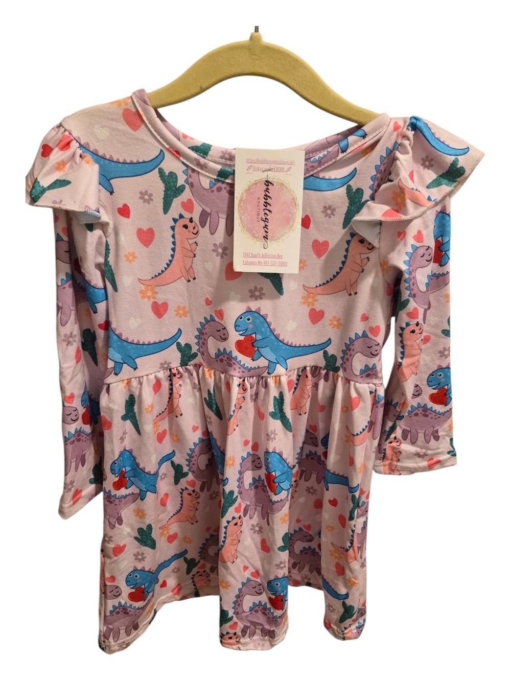 Girls Light Pink Dinosaur Print Ruffle Shoulder Dress